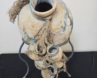 Lot # B8 - Rustic Decorative Stoneware Pottery Vase with Multiple Attached Mini Jars on Metal Stand