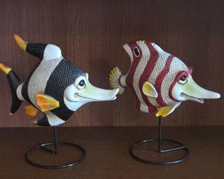 Lot # B214 - Handcrafted Whimsical Tropical Fish Figurines on Metal Stands Unique Nautical Decor