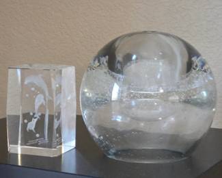 Lot # B223 - Vintage Clear Crystal Dolphin Paperweight, Bubbled Glass Oil Lamp Paperweight, & Crate & Barrel Ellipse Bowl