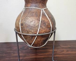 Lot # B4 - Rustic Vintage Clay Pot with Metal Stand and Rope Detailing