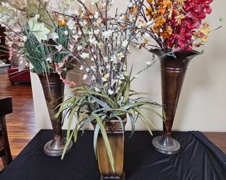 Lot # B14 - Ornate Bronze Finish Decorative Floor Vases with Floral Arrangements - Elegant Home Accent