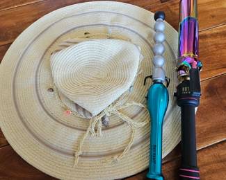 Lot # B134 - Jhat's Cream Straw & Ribbon Sea Shell Trim Wide Brim Hat, Plus Hot Tools & Bed Head Hair Tools