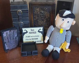 Lot # B217 - Bar Accessories - Wine Boxes, Leather Coasters, Pin Art, Man Rules Sign & Plush Referee Doll