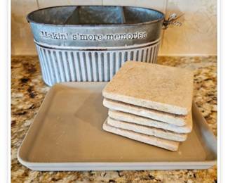 Lot # B89 - Mudpie Makin' S'more Memories Galvanized Metal Organizer Basket with Stone Coasters & Pampered Chef Stoneware Pan