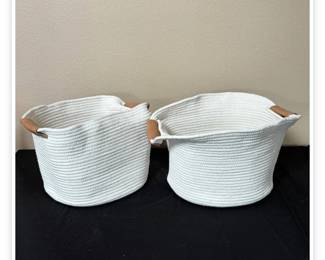 Lot # B33 - White Rope Storage Baskets with Brown Leather Handles - Durable, Stylish Home Organizer