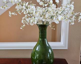 Lot # B23 - Vintage Green Glazed Ceramic Vase with White Artificial Floral Arrangement