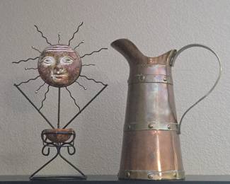 Lot # B219 - Vintage Copper and Brass Pitcher with Unique Sun Face Metal Candle Holder Stand