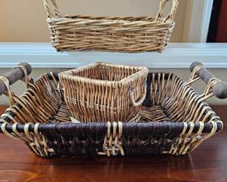 Lot # B24 - Handwoven Rattan and Wicker Storage Baskets with Wooden Handles - Rustic Farmhouse Decor