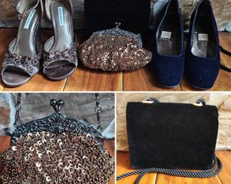 Lot # B119 - Delicious Brown Satin Beaded Heels, Nina Navy Velvet Block Heel Pumps, & Vintage Velvet and Sequin Evening Bags