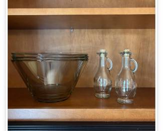Lot # B50 - Three Clear Glass Bowls and Glass Oil & Vinegar Cruets with Cork Stoppers Kitchen Set