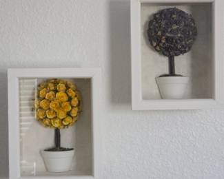 Lot # B165 - Hometrends Framed Floral Topiary Wall Art Set - Decorative Yellow and Black Rose Trees in White Shadow Boxes