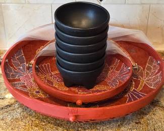 Lot # B78 - Two Hand-Painted Bamboo Serving Baskets With Mesh Tents, Plus Black Plastic Salsa Dishes