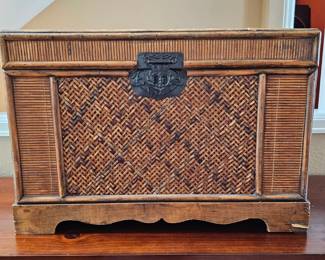 Lot # B25 - Vintage Woven Rattan Bamboo Storage Chest with Ornate Metal Lock and Handles