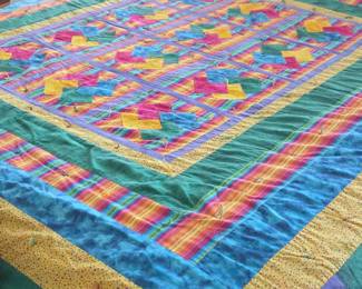 Lot # B161 - Vibrant Hand-Tied Patchwork Quilt Colorful Geometric Pattern