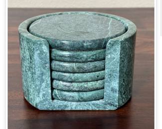 Lot # B47 - Vintage Green Marble Coaster Set with Felt Lined Holder Elegant Natural Stone