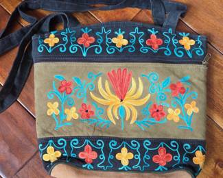 Lot # B120 - Boho Style Embroidered Suede Crossbody Bag with Floral Pattern