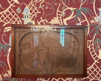 Oriental Carved Wood Panel Depicting a Castle Scene