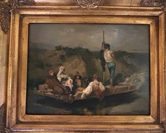 Oil Painting by N. Bingham, "River Scene with Figures"