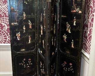 Antique Chinese Black Lacquer Hard Stone Four-Panel Screen