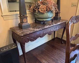 Maitland Smith Carved Mahogany Console Table with Marble Top