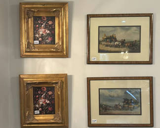 Lot 255: Framed floral still life prints, vintage carriage scenes, and a round wall clock