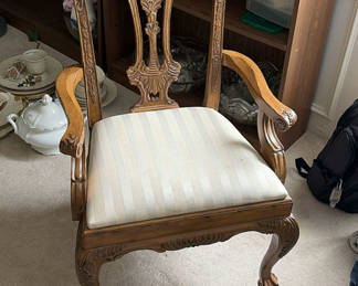 Lot 351: Antique carved wood armchair with striped upholstery