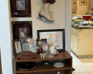 Lot 51: Wooden Display Shelf with Framed Art and Vintage Ceramics