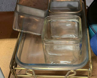 Lot 24: Glass bakeware, ornate wooden tray, and leather roll organizer