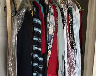 Lot 96: Assorted shirts and blouses on closet hangers