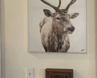 Lot 267: Deer wall art, brass-weight pendulum clock, and ornate corbel shelf