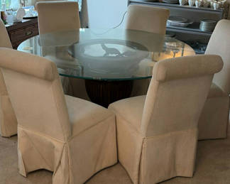 Lot 60: Round Glass-Top Dining Table with Slipcovered Chairs