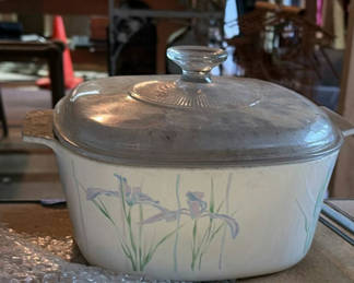 Lot 23: Casserole dish with lid, embossed glass mugs, grape-relief cup, diamond-pattern vase, and ornate framed tile art