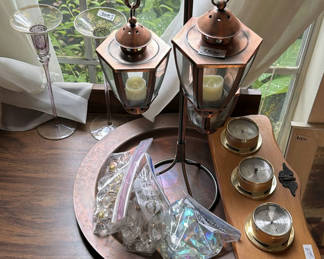 Lot 325: Copper lantern lamps, gauge plaque, copper tray, glassware and chandelier crystals