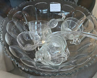 Lot 55: Glass Punch Bowl Set with Ladle and 10 Cups