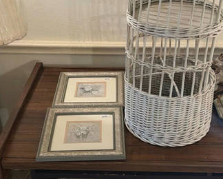 Lot 83: White Wicker Multi-Tier Basket with Framed Floral Art and Ornate Mirrors