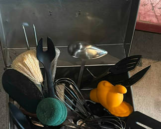Lot 224: Metal box filled with assorted kitchen utensils