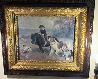 Lot 331: Framed painting of rider on horse with hounds