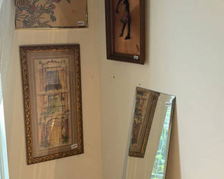 Lot 66: Assorted framed art prints and a standing mirror