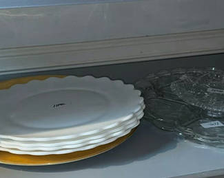 Lot 64: Stacked white ceramic plates with glass and crystal serving dishes