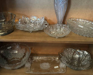 Lot 317: Etched clear glass serving pieces with rose motif