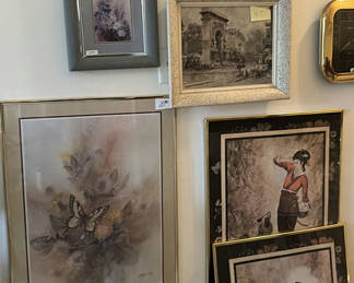 Lot 69: Assorted framed art and wall clocks