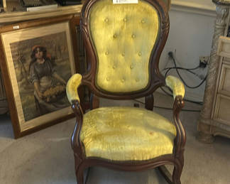 Lot 269: Vintage Yellow Velvet Upholstered Rocking Chair