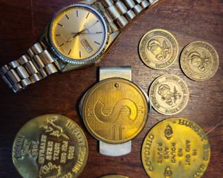 Seiko watch and collectible brass tokens