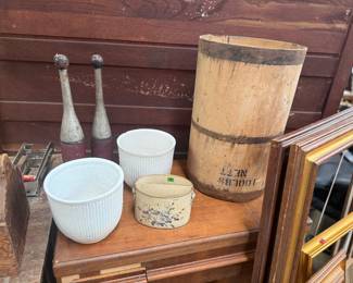 Antique barrel and vintage pottery