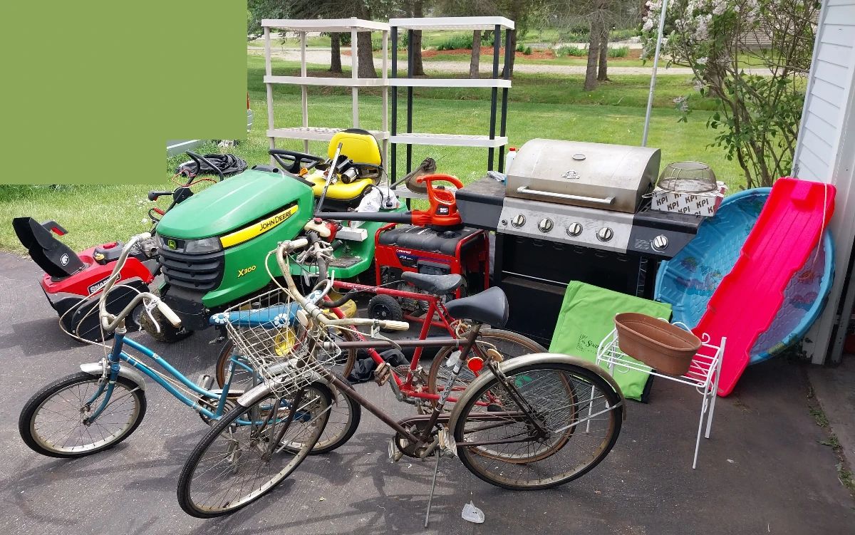John Deere x300 lawn tractor, Troy Bilt 3550 generator, Black and Decker leaf blower, Snapper ss822 ex snow blower, Yard Man string trimmer, Craftsman string trimmer, Remington ranger electric chain saw, gas grill, banana seat bike