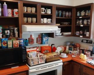 Panasonic microwave, Coca-Cola glasses, Corning Ware, mugs