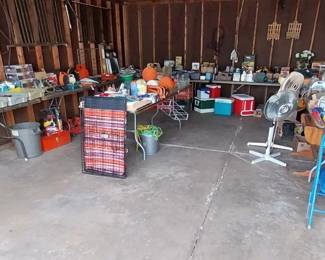 Die Hard battery charger, Dremel, Shop Vac, hand tools, softball gloves, ice skates, roller skates, golf shoes, golf clubs, golf walking bag cart, camp chairs, coolers, gas cans, storage totes, fans, space heaters, pet supplies, golf clubs and bags
