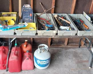 gas cans, hand tools, propane tank