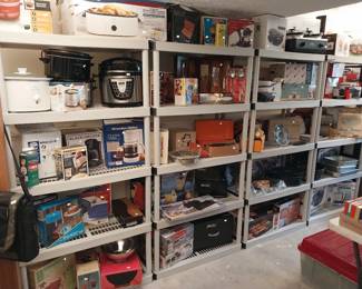 new in box kitchen gadgets, crock pots, pots and pans, food processors, Black and Decker coffee pot