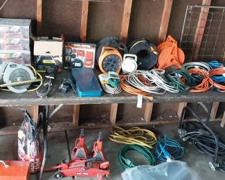 floor jack, jack stands, circular saw, extension cords